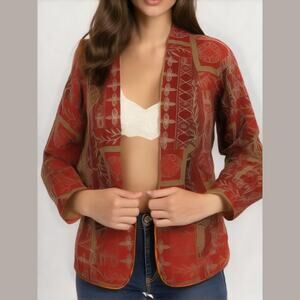 Originals by Mrs D Vintage Red Gold Print Velveteen Open Front Jacket Blazer M